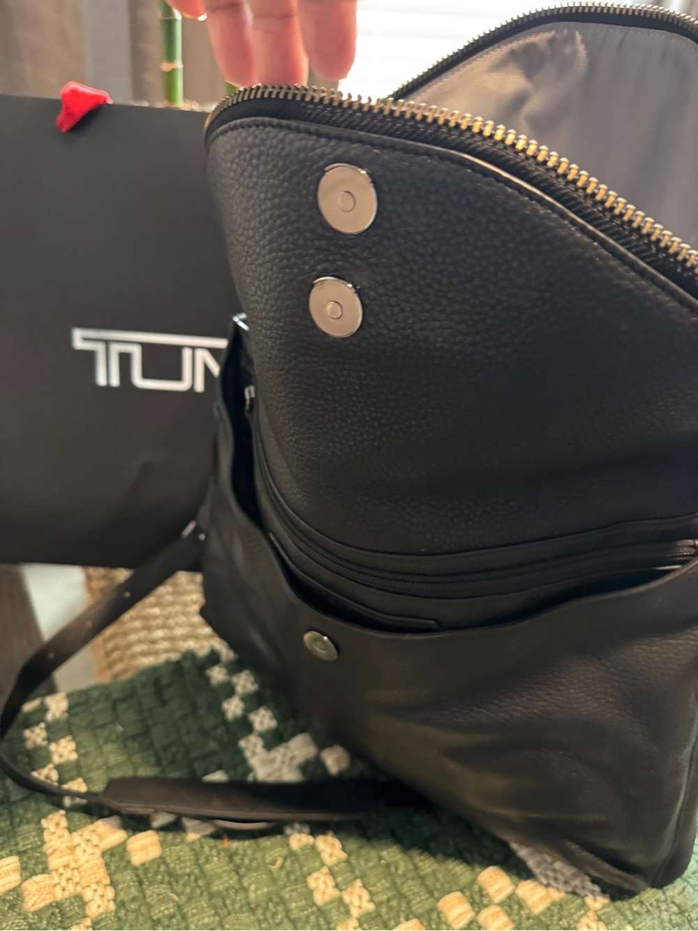 Tumi Black Pebbled Leather Crossbody Sling Bag with Silver Hardware